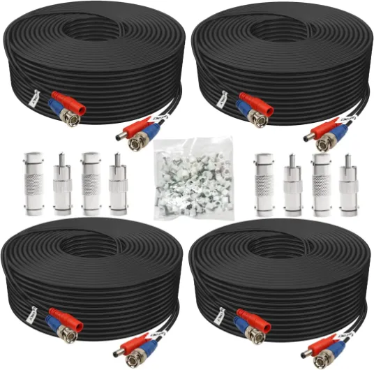 50ft 4 Pack BNC Video Power Cable, Security Camera Cable for CCTV Camera DVR Systems - Black 50 FT 4 PK