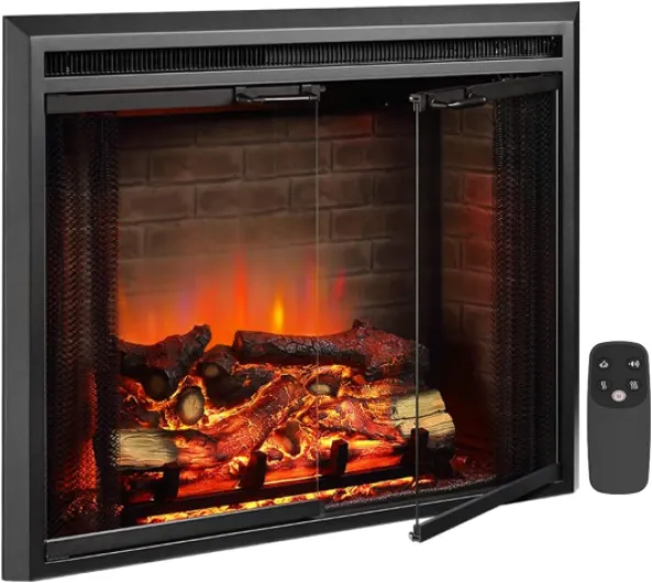 Klaus Electric Fireplace Insert with Fire Crackling Sound, Glass Door and Mesh Screen, 750/1500W, Black, 33 1/16 Inches Wide, 25 9/16 Inches High 33" without Trim