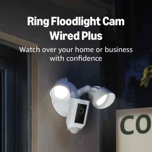 Floodlight Cam Wired Plus (newest model), Outdoor home or business security with motion-activated 1080p HD video and floodlights, White White 1 Camera Floodlight Cam Wired Plus Only
