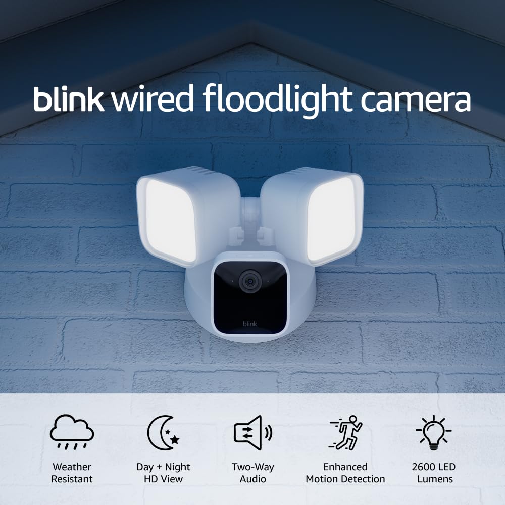 Wired Floodlight Camera, Smart security camera, 2600 lumens, HD live view, enhanced motion detection, built-in siren, Works with Alexa, 1 camera (White) Floodlight Only White