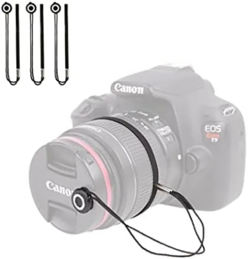 Foto&Tech Camera Lens Cap Leash with Elastic String, Compatible with Universal DSLR SLR Evil Mirrorless Cameras Video (x3) 3 Pack Black