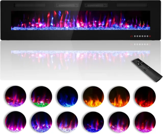 Zionheat 72 inches Electric Fireplace-Wall Fireplace for Living Room-Fireplace Freestanding/Inserts/Wall Mounted with Remote Control, Timer, Dimmer, 12 Flame Colors, 750/1500W, Ultra Thin 72 inch (Ultra Thin) Black(crystal)
