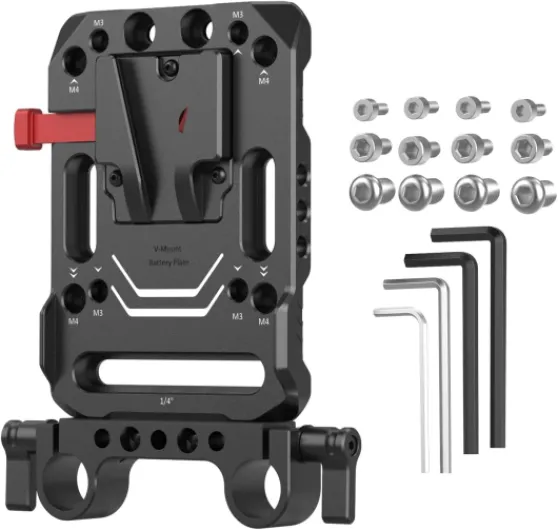 V Mount Battery Plate, V-Lock Battery Plate with Dual 15mm Rod Clamp, 1/4"-20 & 3/8"-16 Threaded Holes V Mount Battery VB99 SE / VB99 / VB99 Pro, for Neewer PS099E