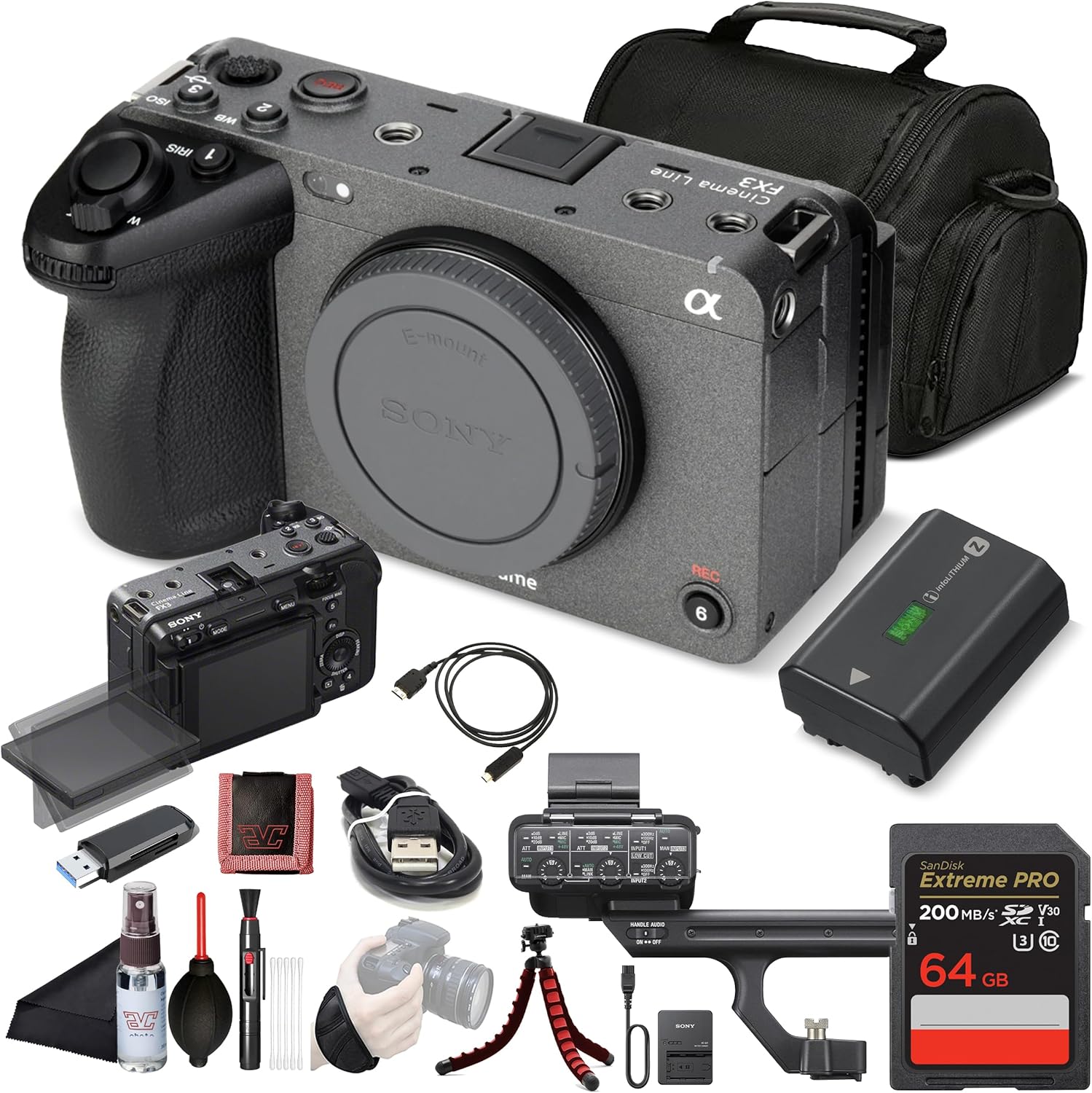 FX3 Cinema Line Full-Frame Mirrorless Camera (ILME-FX3) – 12.1MP Exmor R BSI Sensor - 4K up to 120fps with 15+-Stop Dynamic Range with 64GB Card, Bag, Flex Tripod, Cap Keeper and More