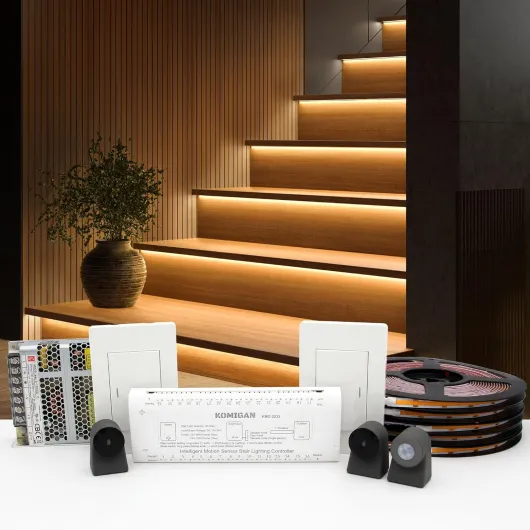 KMG-3233 Motion-Activated LED Stair Lighting Kit, 48" Long Cuttable Strip Light for Indoor LED Stair Lights (Warm White 3000K, 12 Steps) Warm White 3000K 12 Steps