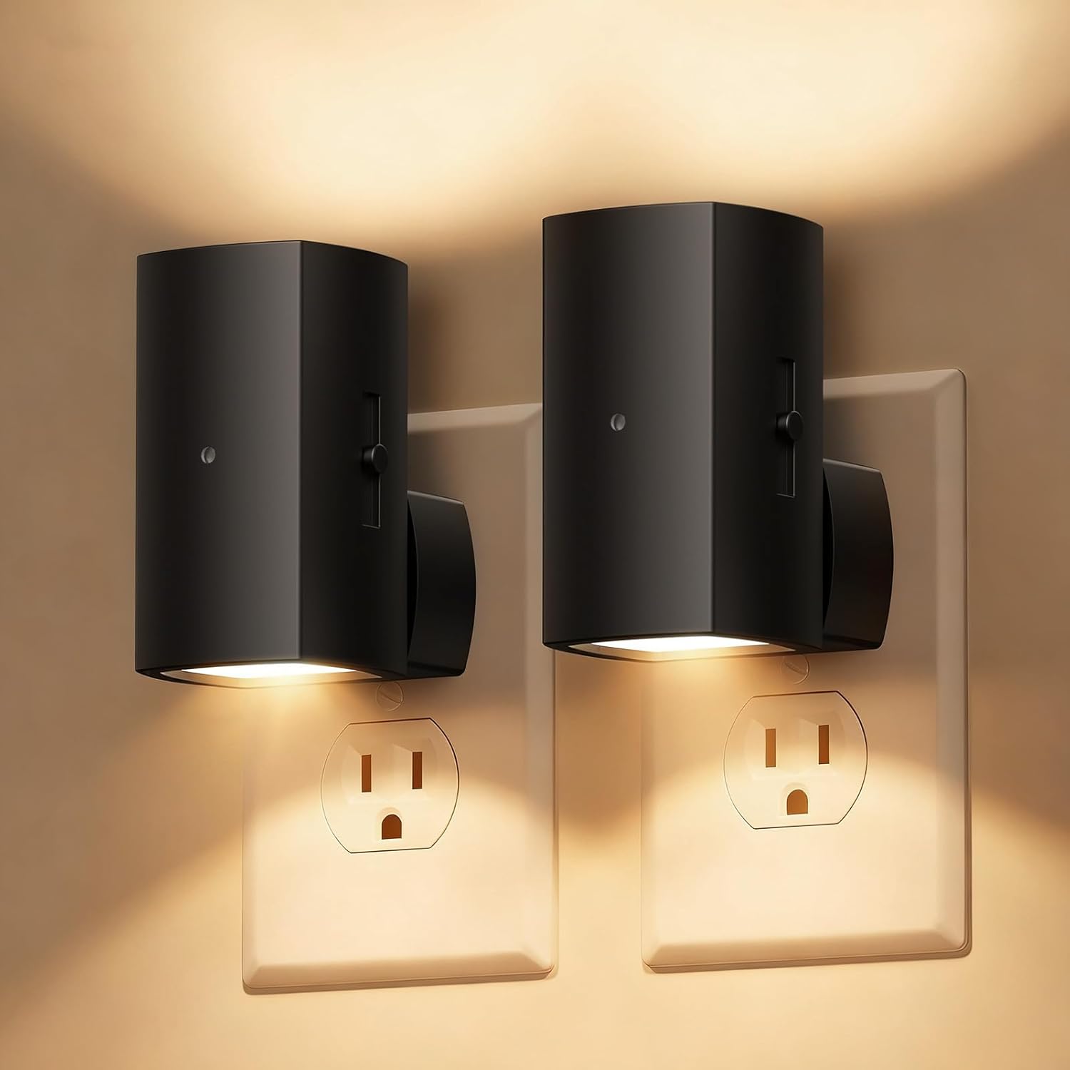 2 Pack Night Lights Plug into Wall, Modern Night Light with Rotating Plug, Dusk to Dawn Sensor, 0-100LM Stepless Dimming Aora Night Light for Hallway Bedroom Bathroom, Soft White Warm White 2 Pack-Black body