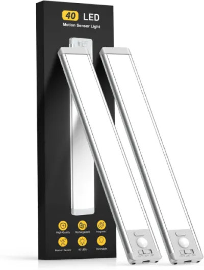 10inch Under Cabinet Lighting, 2 Pack Rechargeable Motion Sensor Light Indoor, 5 Levels Dimmable Magnetic Closet Lights, Wireless Under Counter Lights for Kitchen, Stairs White Light 10inch
