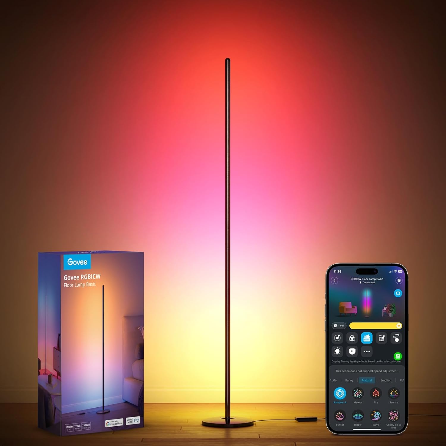 RGBIC Floor Lamp Basic, LED Corner Lamp Works with Alexa, 1000 Lumen Smart Modern Floor Lamp with Music Sync and 16 Million DIY Colors, Color Changing Standing Lamp for Bedroom Living Room Black