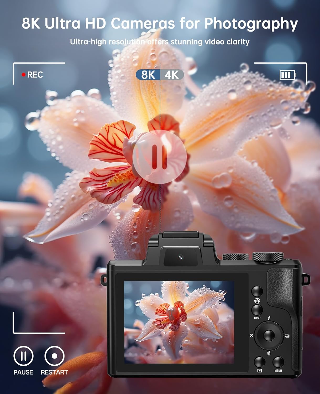 8K Digital Cameras for Photography Autofocus 88MP WiFi Professional 16X Digital Zoom Photography Camera with Dual-Lens for YouTube with Lens Hood, Touch Screen, 2 Batteries & Charging Stand Black