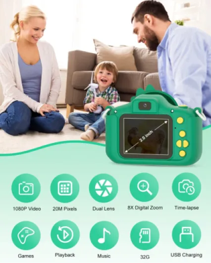 Kids Camera, 20MP Kids Digital Dual Lens Cameras with Silicone Case 2.0 Inch IPS Screen 1080P Video Camcorder, 32GB Card,Shockproof Childrens Camera Toy for Boys & Girls Age 3-12(Green) Green Dinosaur Style