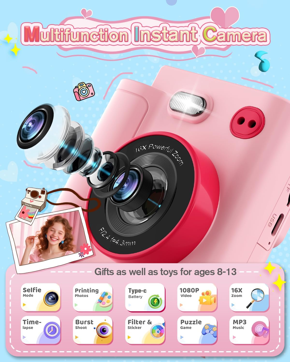 MYSTILUCK Kids Camera Instant Print, 1080P Instant Camera for Kids, Children Digital Cameras with 32GB Card & 3 Rolls Photo Paper, Christmas Birthday Gifts Toys for Boys & Girls Aged 3-12（Pink）