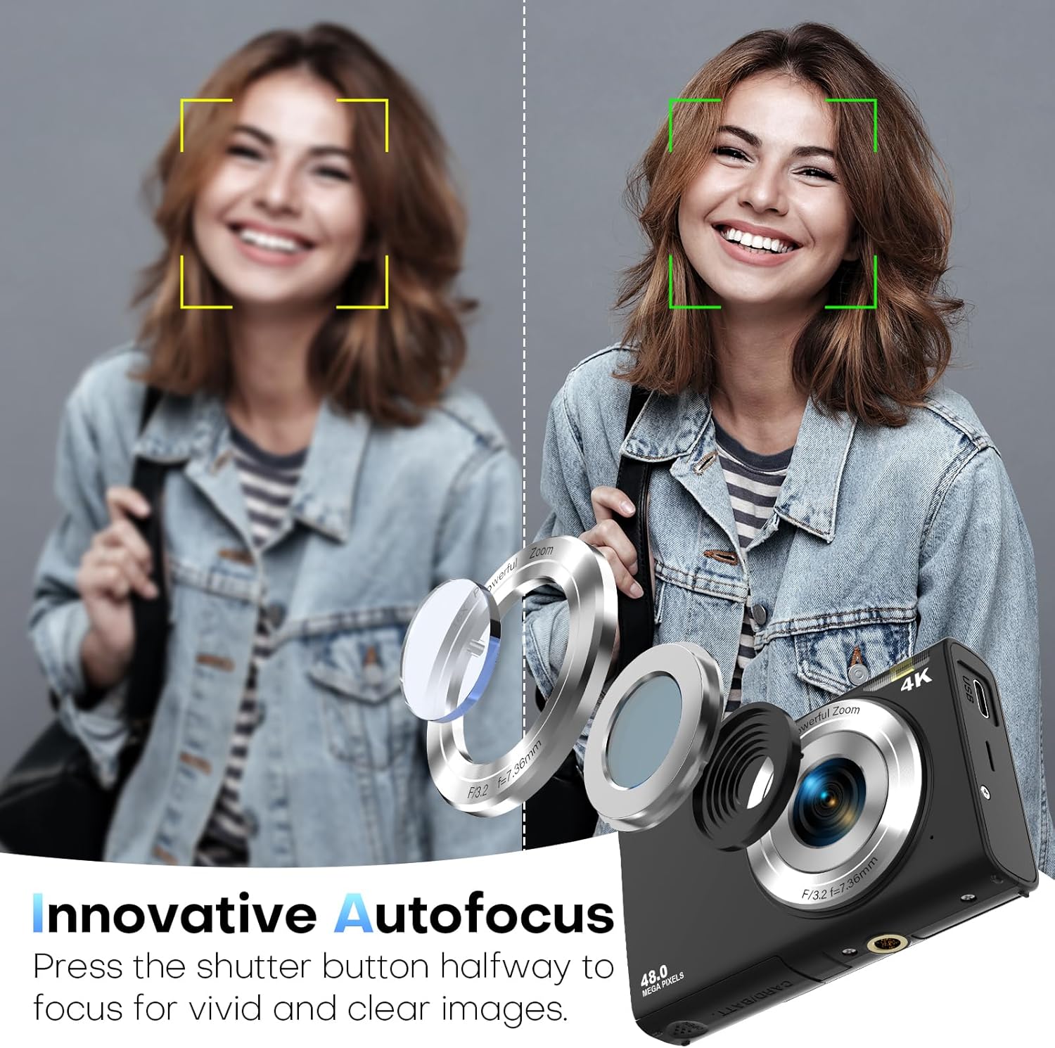 Digital Camera, 4K Autofocus Compact Camera with 32G SD Card HD 48MP with 2.8" Large Screen, 16X Digital Zoom, Portable Mini Camera for Photography, Suitable for Kids,Adult,Beginners（Black）