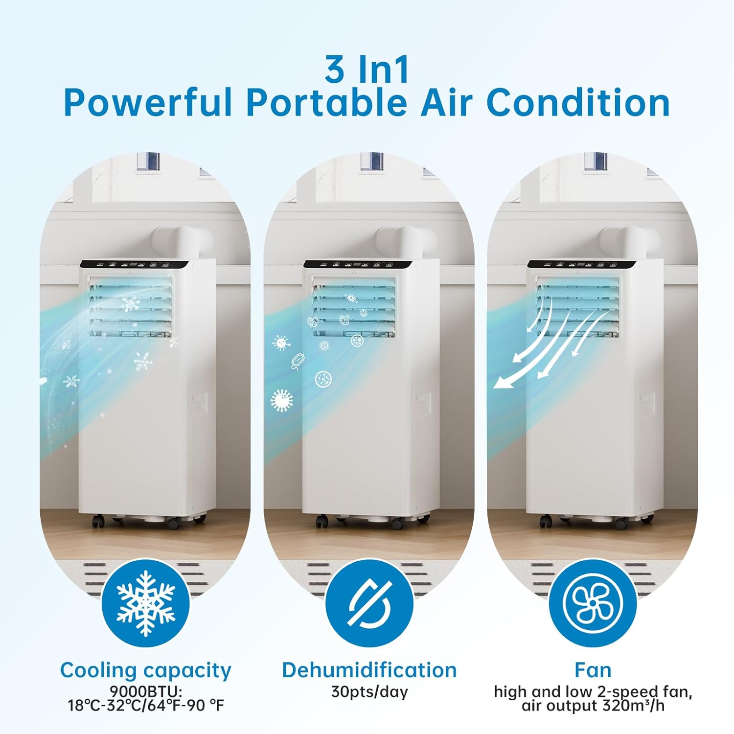 Portable Air Conditioner 9000 Btu/H, 3-In-1 Portable Air Conditioner, Fan, Dehumidification, Ventilation With Remote Control, Dual Digital Display, 24H Timer, Sleep Mode 9000BTU