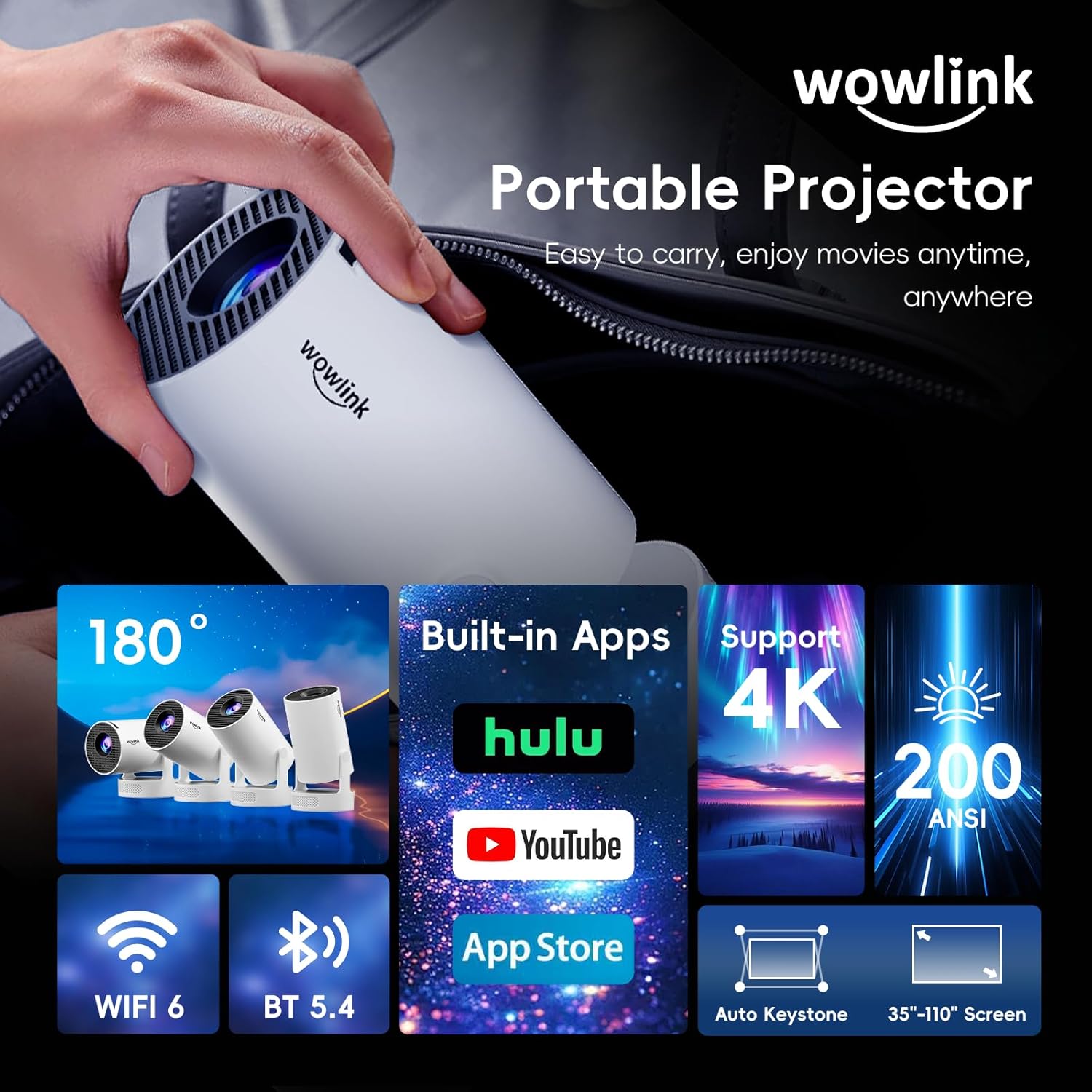 [Built-in Apps & 2026 Upgraded] Mini Projector with WiFi 6 and Bluetooth 5.4 Support 4K 1080P Auto Keystone 180° Rotatable Projector for Bedroom Compatibile with HDMI/TV Stick/Memory Stick/Laptop White