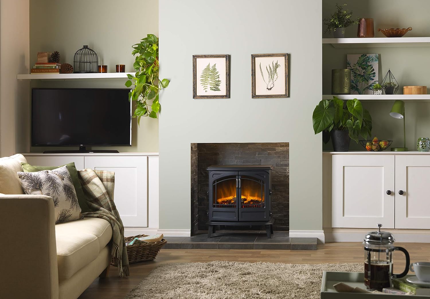 Cassia Noir Large Optiflame Electric Stove, Black Wood Burner Style Fire with Artificial Logs, LED Flame Effect, Opening Doors, 2kW Fan Heater, 1000/2000 Watt Heat Settings and Remote Control Single