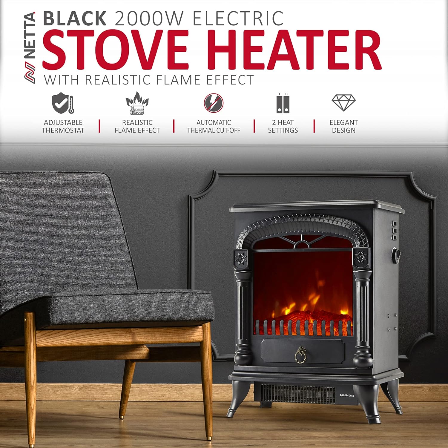 Electric Fireplace Stove Heater with Log Wood Burner Effect - With Fire Flame Effect, Arch Design, Freestanding Portable, Wood Burning LED Light - 1750-1950 watts