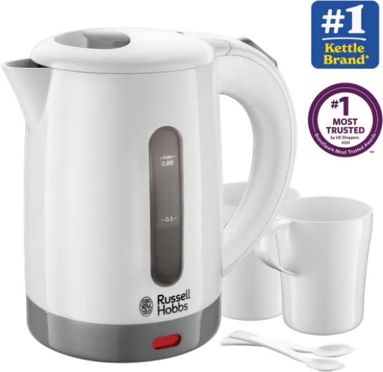 Electric 0.85L Travel Kettle, Small & Compact, Dual voltage, Ideal for abroad/caravan/camping, inc 2 cups & spoons, Removable washable anti-scale filter, water windows, 1000W, 23840
