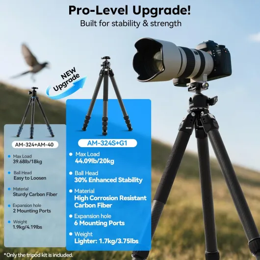 Heavy-Duty Carbon Fiber Tripod, 59.8” Pro Tripod with Low Center of Gravity Ball Head, 44lbs Load, 6 Mounting Ports, Corrosion Resistance–for DSLR, Mirrorless, Telephoto, Wildlife（AM-324S+G1）