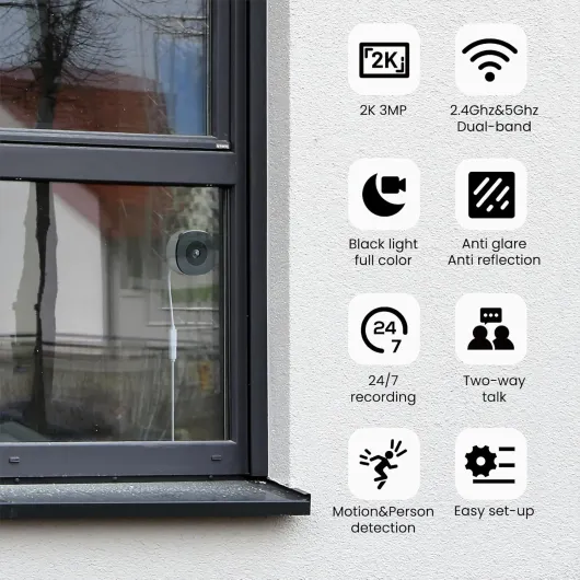 2K No Drill Window Camera-2 Pack 2.4Ghz & 5Ghz WiFi Cameras for Home Security for Indoor & Outdoor Monitoring, Anti-Glare Color Night Vision, Human Detection, 24/7 Recording, Ideal for Apartment, K1 2.4GHz&5GHz-2P-W
