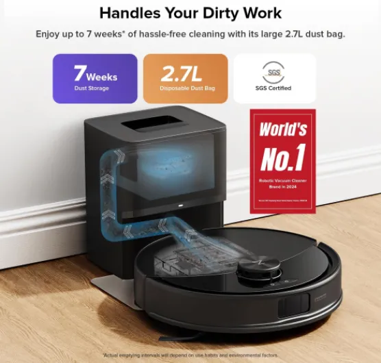 Q10 S5+ Robot Vacuum, Self-Emptying, 10000Pa Suction, Up to 7 Weeks of Hands Free Cleaning, Dual Anti-Tangle Design, VibraRise 2.0&Auto Lifting Mopping System, Obstacle Avoidance (Black) Q10 S5+ Black
