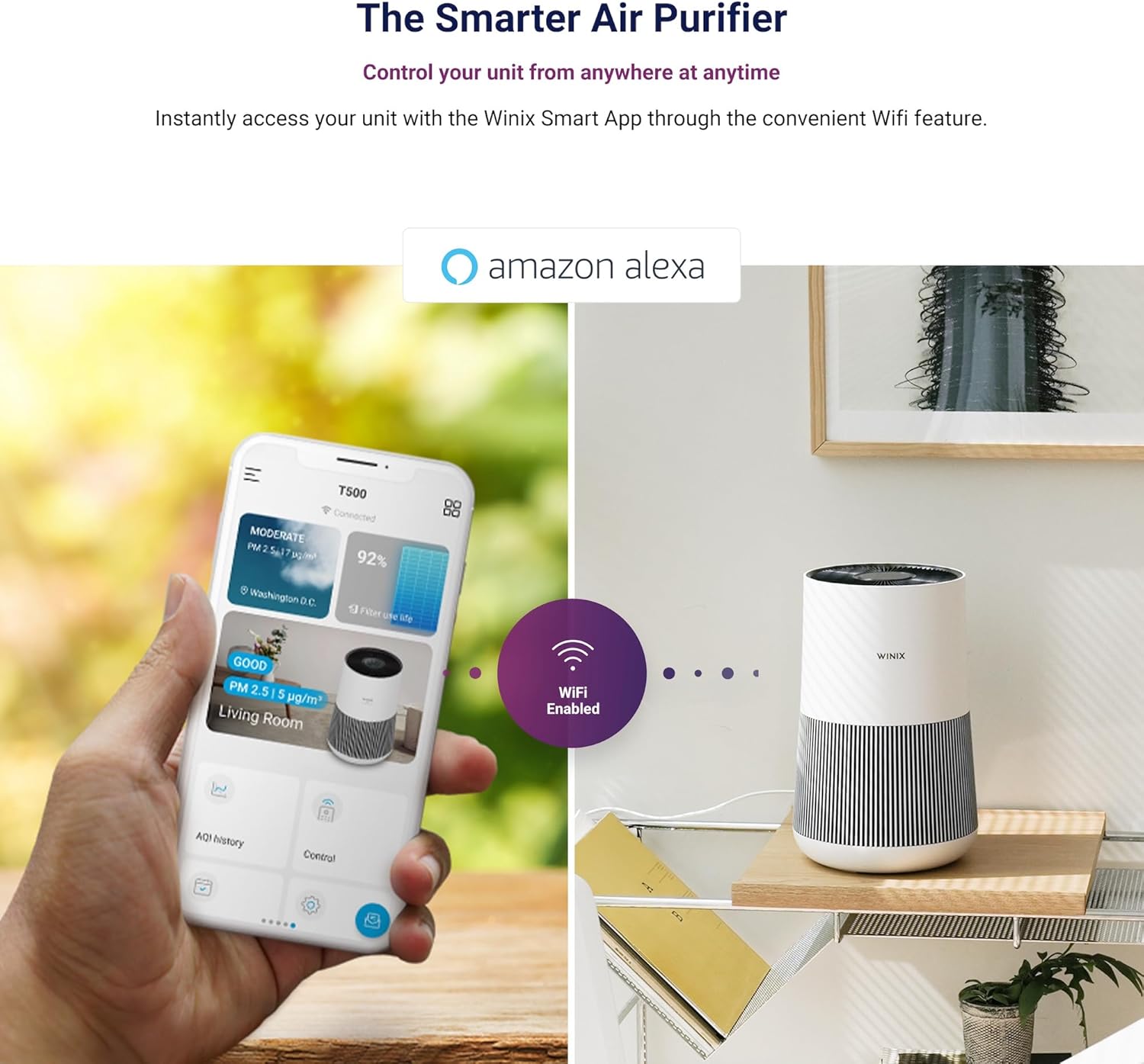 T500 Air Purifier for Bedroom Home, 50m², CADR 250 m³/h, HEPA & Carbon Filter removes 99.97% Allergies, Pollen, Dust, Smoke, Air Cleaner with Smart App & Alexa