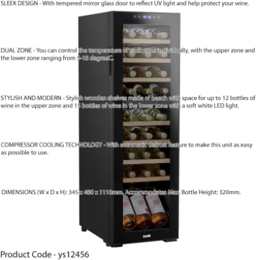27 Bottle Dual Zone Freestanding Wine Cooler Fridge - LED Backlit Black & Glass