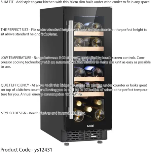 17 Bottle 30cm Built-in Slim Dual Zone Wine Cooler Fridge - LED Backlit Black