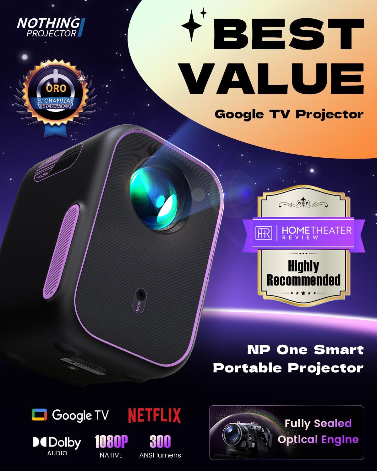 Google TV Projector with WiFi Bluetooth, 1080P Full Ultra HD 4K Supported, Smart Projection for Home Theater Movie, Outdoor Portable Mini HDMI NothingProjector NP One