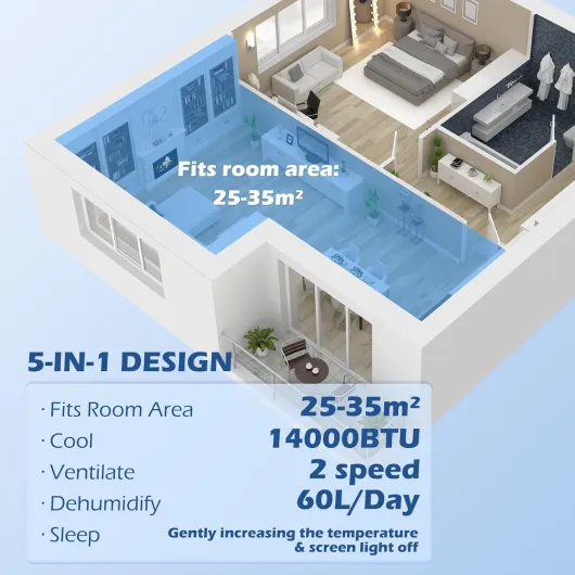 Portable Air Conditioner 14000 BTU, Smart Home WiFi Compatible, App & Voice Control, 4-in-1 Air Conditioning Unit with Cooling, Fan, Dehumidifier, Sleep Mode, 24H Timer, Window Kit, 35m² 14,000 BTU