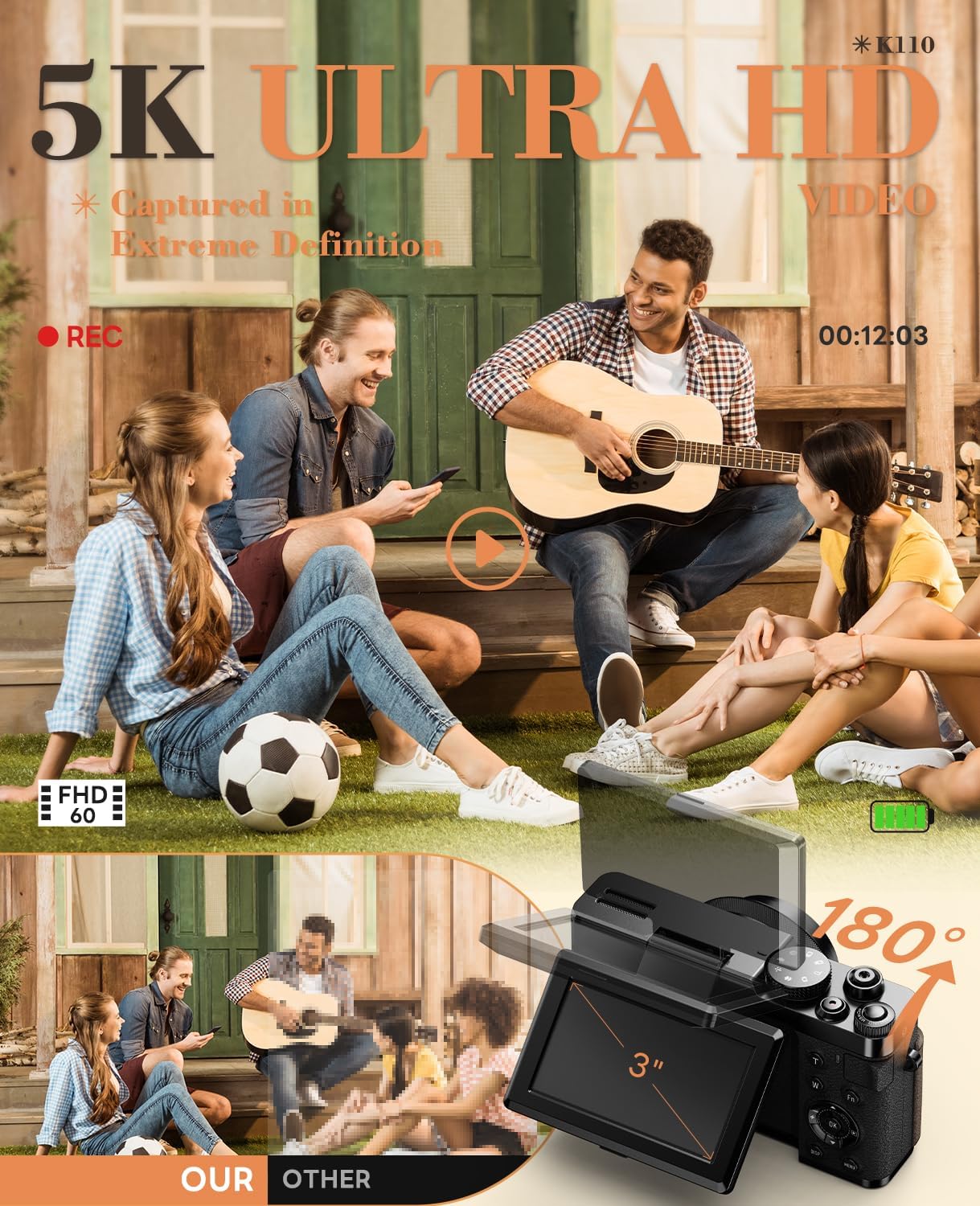 64MP Digital Camera with 5K Vlogging Capability, 180° Flip Screen, 18X Zoom - Compact Point and Shoot Camera for Beginners, Includes 64GB TF Card (Black)