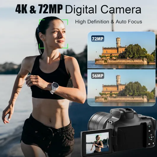 72MP 4K Digital Camera for Photography and Video, 12X Optical Zoom Bridge Camera with 270° Flip Screen, WiFi, Auto Focus, Macro Mode, 2 Batteries & 32GB SD Card (Black) (Black)