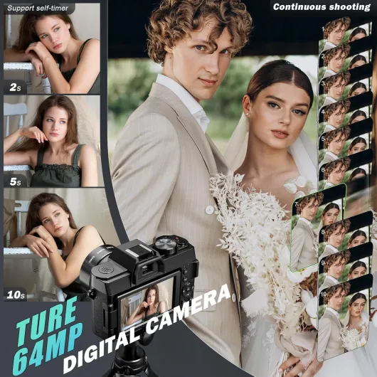 8K 64MP Digital Camera with Autofocus & 16X Zoom, Wi-Fi & App Control, Anti-Shake, 180° Flip Screen, Webcam Function, Includes Macro & Wide-Angle Lenses, 64GB TF Card & 2 Batteries (Black)