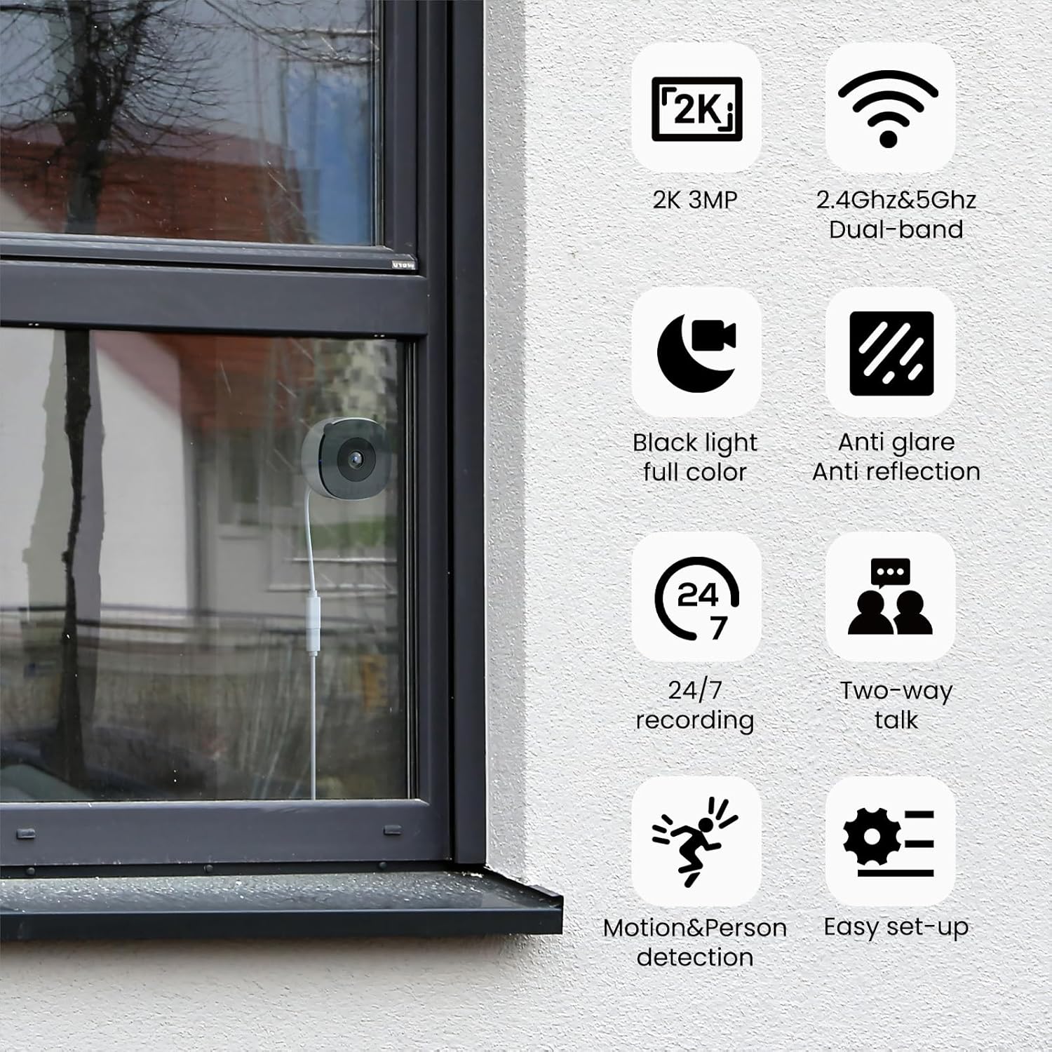2K Window Camera, Security Camera, Dual Band WiFi Indoor Cameras for Home Security, Peel-and-Stick Installation, Human Detection, Night Vision, 24/7 Recording, K1