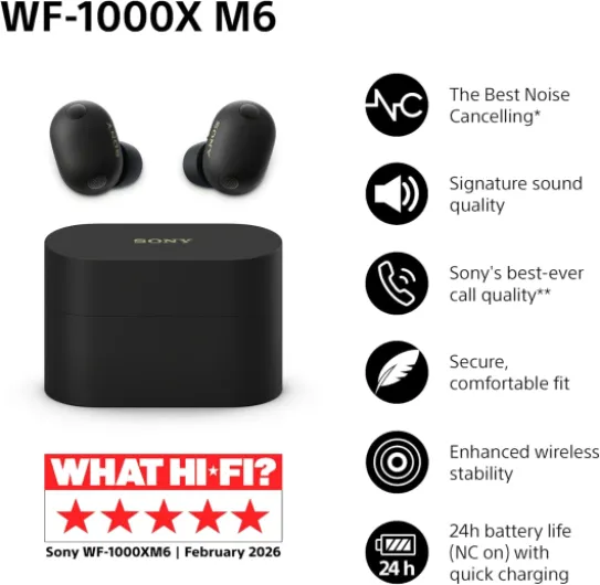 WF-1000XM6 Flagship Wireless Noise Cancelling Earbuds, Bluetooth, In-ear Headphones, Signature Hi-Res Sound, Clear Calls, 10 band EQ, 24 Hr Battery NC On, IPX4, iOS & Android - Black