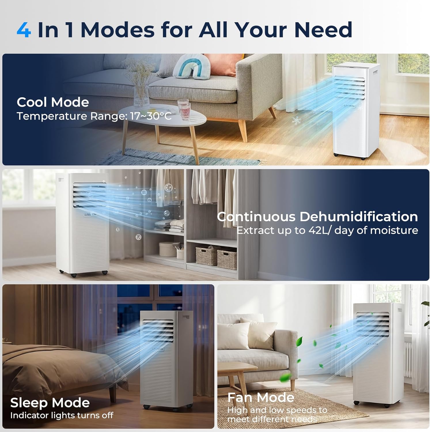 LEENON Air Conditioning Unit 9000 BTU Portable Air Conditioner, Powerful 4-in-1 AC Conditioners Dehumidifier Fan & Sleep Mode, Aircon Unit with 24H Timer, Remote Control, Exhaust Hose Install Kit Cool White