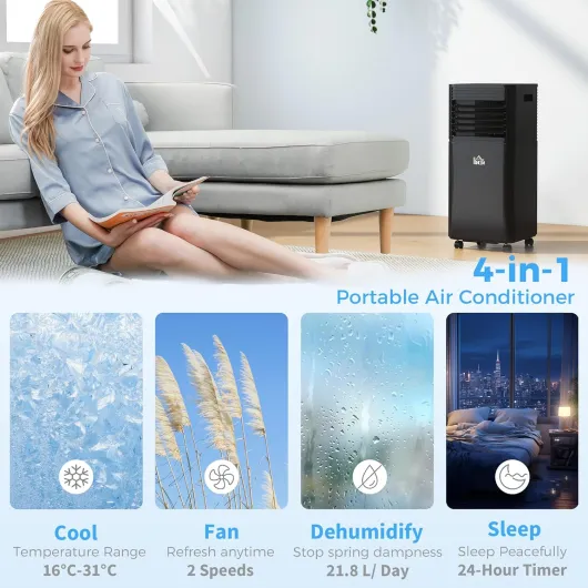 8000 BTU 4-In-1 Portable Air Conditioner Unit Cooling Dehumidifying Ventilating for Room up to 27m², with Fan, Remote, 24H Timer, Window Mount Kit, R290, A Energy Efficiency 8000BTU