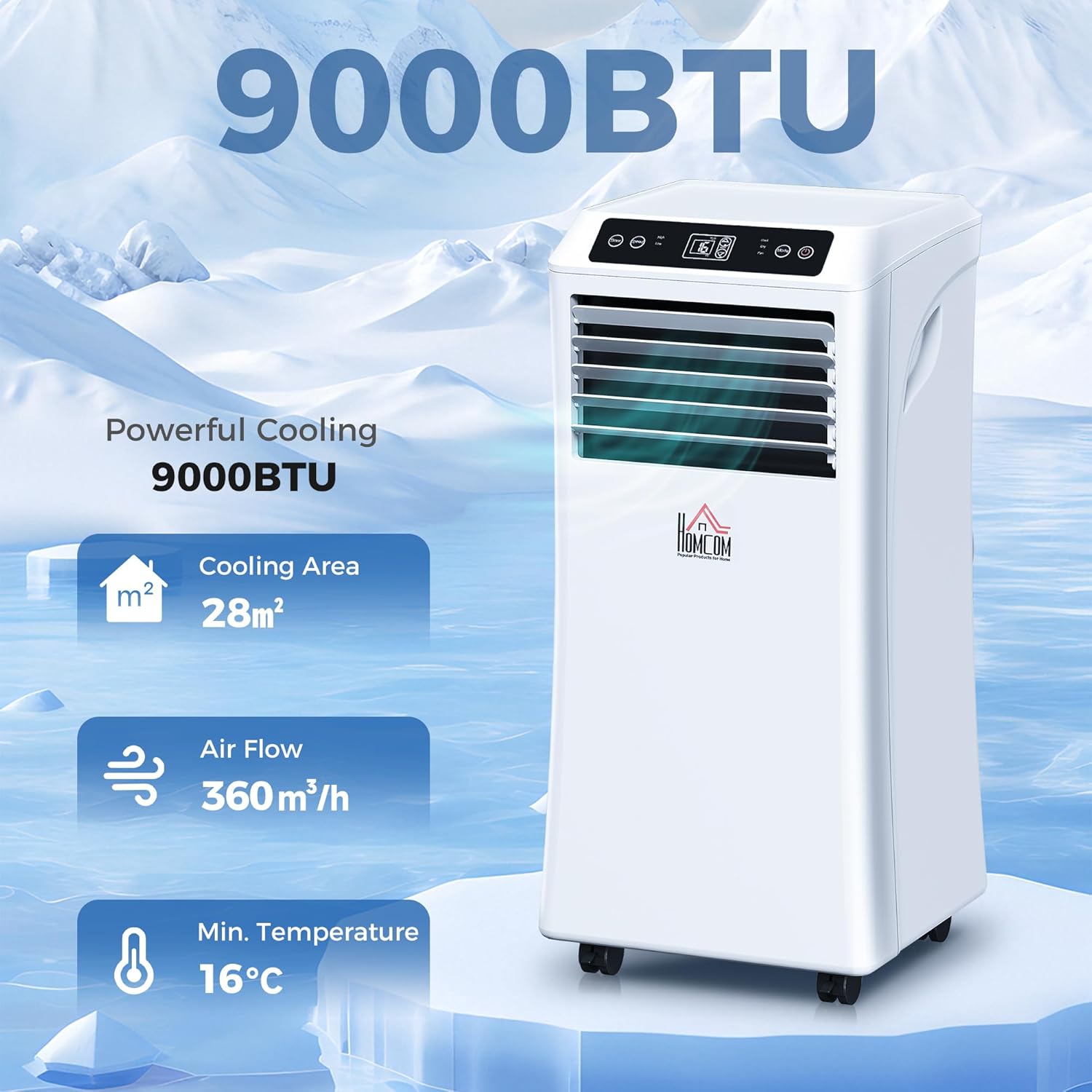 Portable Air Conditioner 9000 BTU, 4-in-1 Cooling, Fan, 24L/Day Dehumidifier & Sleep Mode, Mobile Air Conditioning Unit with Digital Display, Remote, 24H Timer, Window Kit for Rooms up to 28㎡ 9000BTU