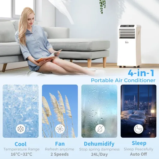 Portable Air Conditioner 9000 BTU, 4-in-1 Cooling, Fan, 24L/Day Dehumidifier & Sleep Mode, Mobile Air Conditioning Unit with Digital Display, Remote, 24H Timer, Window Kit for Rooms up to 28㎡ 9000BTU