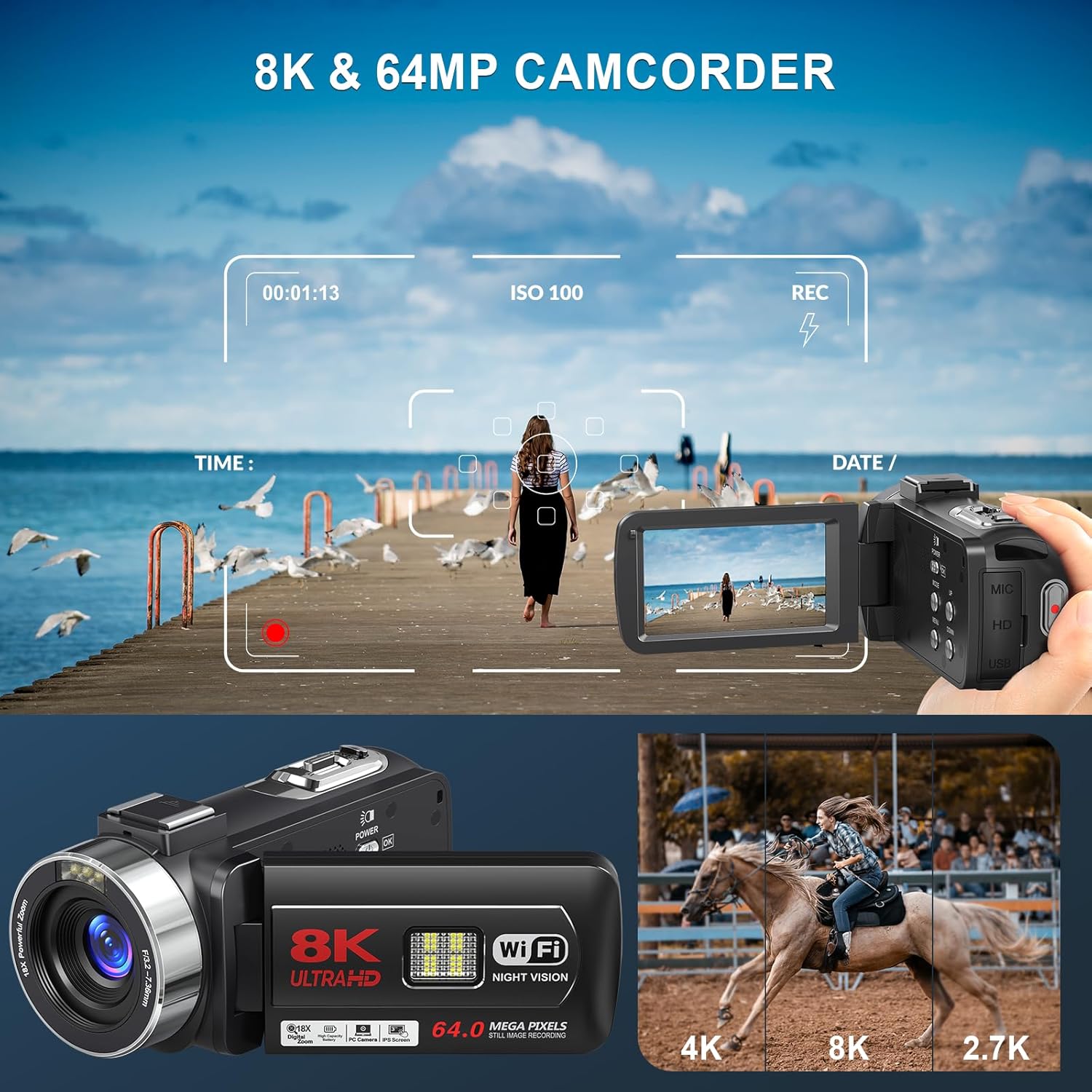 8K 64MP Video Camera Camcorder with IR Night Vision Vlogging Camera, 18X Zoom Digital 3.0 inch Touch Screen WiFi Camcorder for YouTube with 32G SD Card, 2.4G Remote Control, and Two Batteries Black