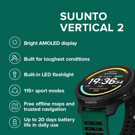 Vertical 2 GPS Sport Watch, Bright AMOLED Touchscreen with Rugged Design, Built-in LED Flashlight, 20-Day Battery Life, Offline Maps, Trusted Navigation, 115+ Sport Modes (Pine Green)