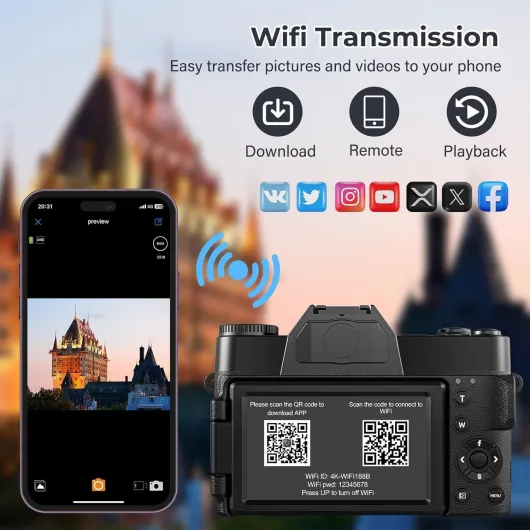 4K Digital Camera with WIFI, 75MP UHD Compact Cameras, 3 Inch 180° Flip Screen 16X Digital Zoom Autofocus Rechargeable Vlogging Camera with 16GB Card & 2 1500mAh Batteries for Beginners Teenagers