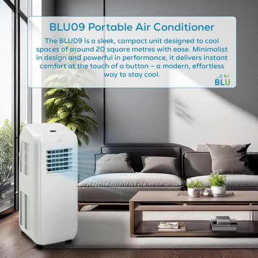 BLU-09 9,000 BTU Portable Air Conditioner Portable 3-1 Air Conditioner, Dehumidifier, Cooling Fan with 3 Fan Speeds, Window Sheet for UK Windows, Digital Display & Remote Control