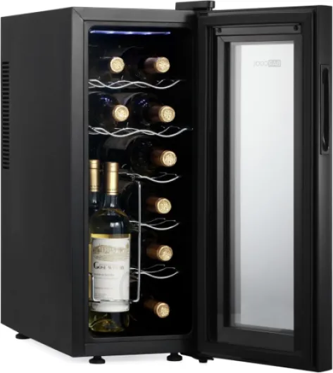 Barcool VINO12 – Table-Top Slim Wine Cooler Fridge Black - 5-18°C - 12 Bottle Wine Fridge - LED + Digital Display - UV-Tempered Glass Door Drinks Cellar - Single-Zone 12 Bottle (Slim Version)