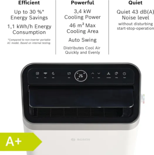 Bosch Cool 5100 Portable AC - 3-in-1 Air Conditioner, Dehumidifier, Fan - 3.4 kW for rooms up to 46 m² - With Auto Mode, Silent Mode & Sleep Mode