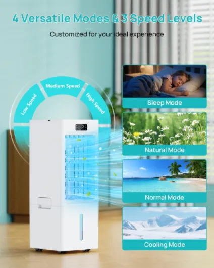 Air Cooler, 3 IN 1 Portable Air Conditioner, 3 Wind Speed, Portable Air Conditioning Unit with Cooling Mode, 6L Removable Water Tank with 4 Ice Packs, 12H Timer, 5m Remote, Auto Oscillation