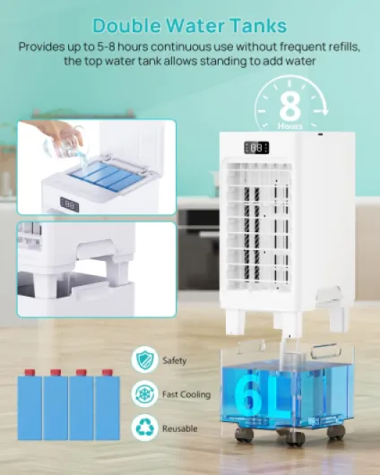 Air Cooler, 3 IN 1 Portable Air Conditioner, 3 Wind Speed, Portable Air Conditioning Unit with Cooling Mode, 6L Removable Water Tank with 4 Ice Packs, 12H Timer, 5m Remote, Auto Oscillation