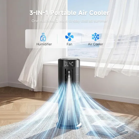 Portable Air Conditioner, Air Cooler with 4 Fan Speeds, Remote Control & 90°Oscillating Storm Mode 1000ML Tower Fan 2-10 Hour Timer Quiet Mini Air Conditioning for Office, Bedroom(Carbon Black)