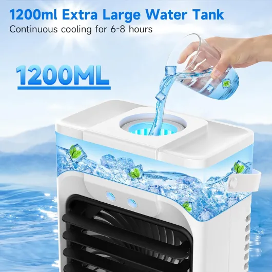 1200ml Portable Air Conditioner with Remote Control, 5-in-1 Mini Air Cooler, 3 Wind Speeds & 3 Mists Modes, 2-8H Timer, 7 Colours Light, Mobile Air Cooling Fan for Room/Office, Plug-in
