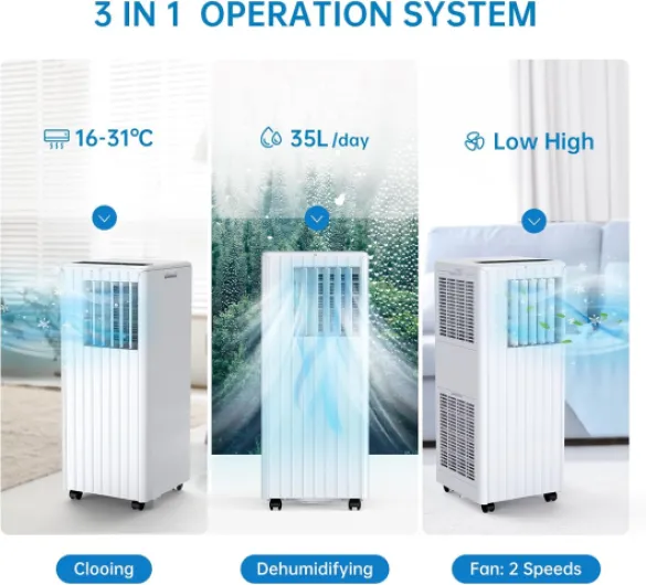 9000 BTU 3-in-1 Portable Air Conditioner - Cooling, 42L/Day Dehumidifier & Fan - 2 Fan Speeds, Remote Control, 24H Timer, Ultra Quiet <52dB - with Window Kit, Ideal for Rooms Up to 28m², Home Bedroom 9000 British Thermal Units White