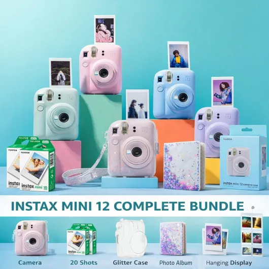 Fujifilm INSTAX Mini 12 Camera Mint Green id Bundle – Includes Mini 12 Green Camera, 20-Shot INSTAX Mini Film, Clear Glitter Camera Case, Photo Album & Hanging Wall Photo Display Mint Green Mini 12 Starter Bundle